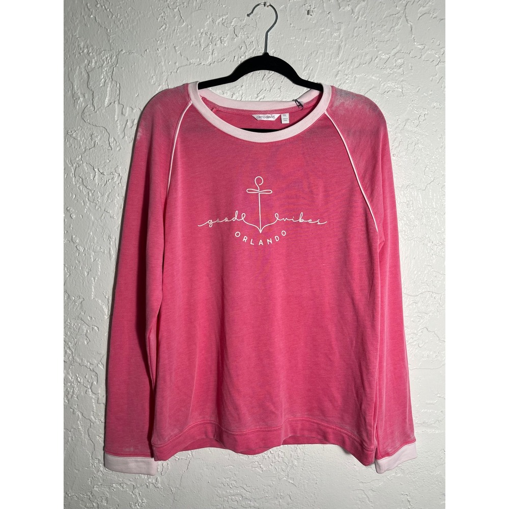 Camp David Good Vibes Orlando Sweatshirt Women XL Pale Pink Distressed NWT $72